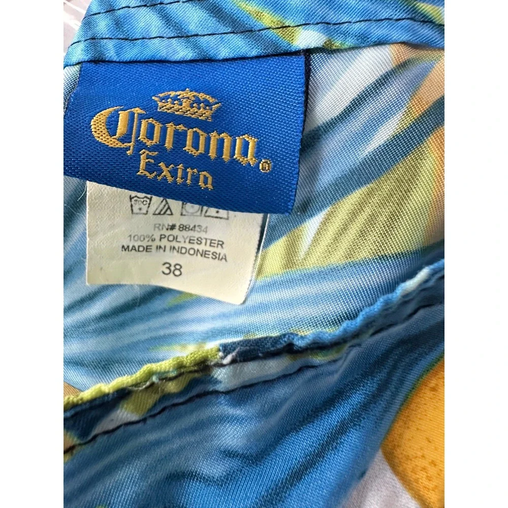 Corona Extra Mens Board Shorts Size 38 Blue Tropical Palm Beer Bottle Swim Trunk